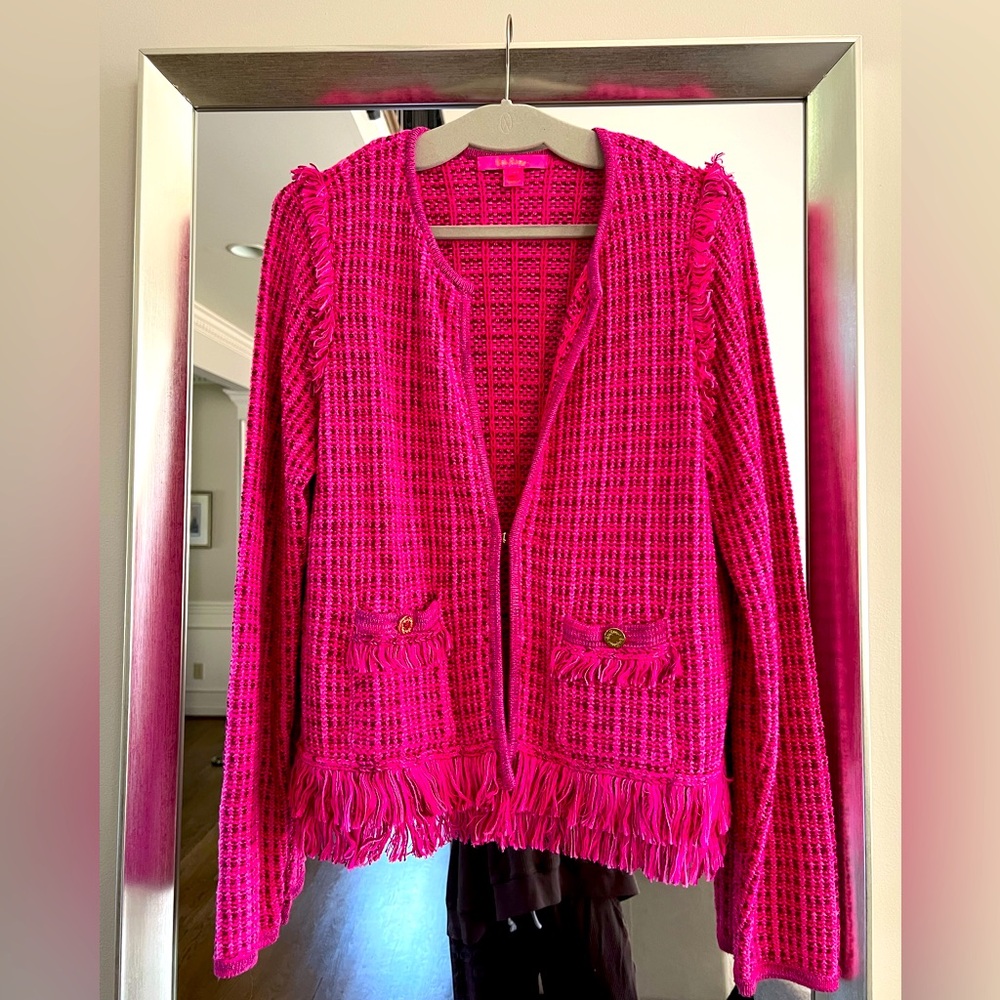 Lilly Pulitzer Vibrant Pink Knit Cardigan with Fringe